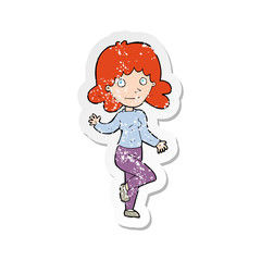 retro distressed sticker of a cartoon friendly woman waving