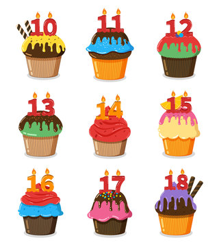 Set of birthday cupcakes with number candles. Vol.2