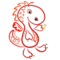 Happy dragon in hearts carries a wedding ring