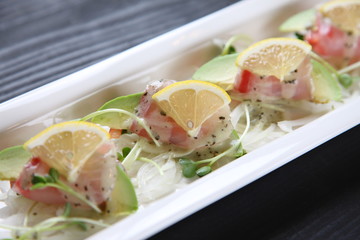 sea bream carpaccio with avocado