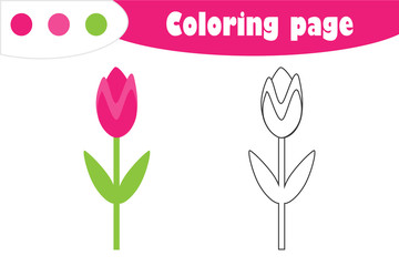 Fototapeta premium Tulip in cartoon style, coloring page, spring education paper game for the development of children, kids preschool activity, printable worksheet, vector illustration