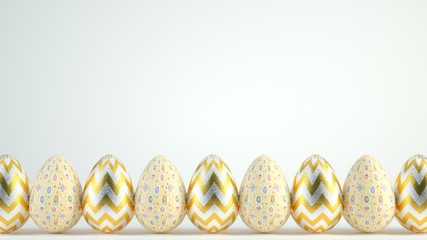 Golden easter eggs with colored texture on white background. 3D illustration.