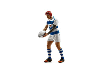 Fototapeta na wymiar The silhouette of one caucasian rugby man player isolated on white background. Studio shot of fit man in motion or movement with ball. Jump and action concept. An incredible strain of all forces.