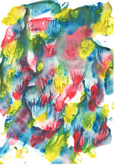 Colors splashes watercolor paper background. Hand drawn painting backdrop. Abstract texture. red, yellow, blue colors brush splash. Trend colors. Light clouds, ice
