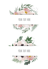 Horisontal botanical vector design banner. Pink rose, eucalyptus, succulents, flowers, greenery. Natural spring card or frame.