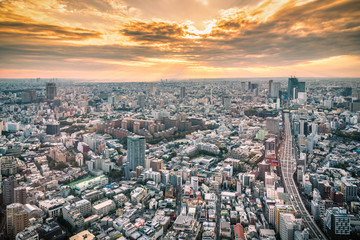 Tokyo Skyline and view of skyscrapers on the observation deck at sunset in Japan.