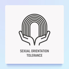 Sexual orientation tolerance thin line icon: hands holding rainbow. Modern vector illustration.