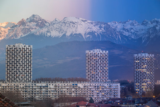 Grenoble, France 2019 : Day to night on the city and the mountains