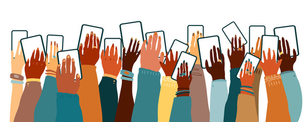 Hand drawn vector illustration of diverse skin color cartoon people hands holding various device made in minimal flat style isolated on white.