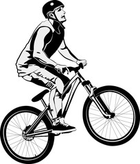 man doing bike trick - black and white vector illustration