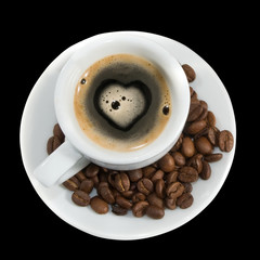 isolated image of a cup of coffee and coffee beans