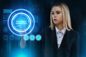 The concept of business, technology, the Internet and the network. A young entrepreneur working on a virtual screen of the future and sees the inscription: Influence marketing