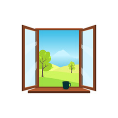 Open window on white background. Open window overlooking the beautiful spring landscape: meadows, mountains, trees. On the windowsill is worth mug. Flat style vector illustration.
