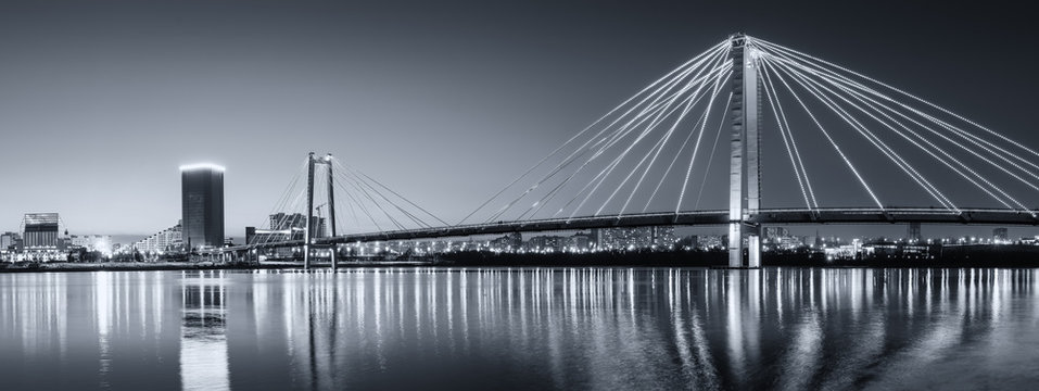 Panorama Night City Of Krasnoyarsk Bridge In Lights