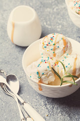 Homemade Organic Vanilla Ice Cream with caramel sauce