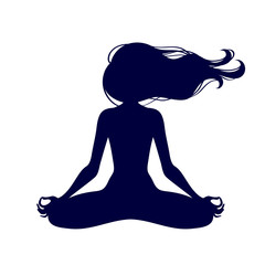 Meditating woman with fluttering hair in lotus pose. Yoga illustration.
