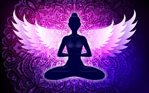 Meditating woman with wings in lotus pose. Yoga illustration.