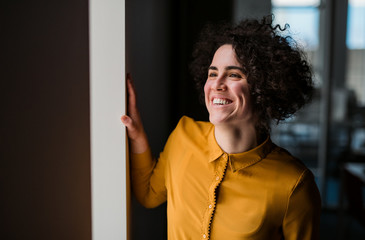 Portrait of a young businesswoman indoors in an office. Copy space.