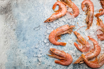 Sea food composition, flat lay of raw shrimps with ice over blue background, top view, copy space