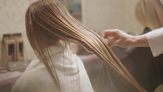hairdresser blends beautiful brown hair