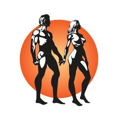 Romantic concept. Couple in love, male and female characters, face to face. Two lovers sitting and hugging. Vector illustration