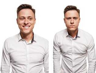 Young man with an expressive face, wearing white shirt, isolated on white background