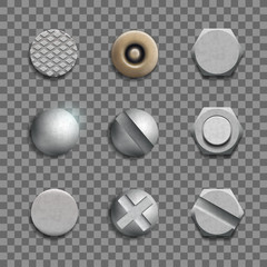 Screw head, bolt, nail isolated on transparent background.