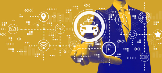 EV with businessman in a yellow and blue duotone