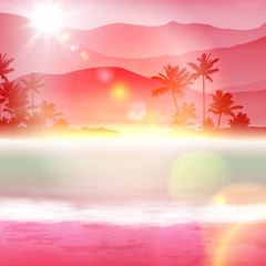 Background with sea and palm trees. Sunset time.