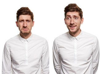 Fototapeta na wymiar Handsome man in a white shirt makes faces, isolated on a white background