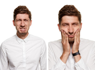 Fototapeta premium Handsome man in a white shirt makes faces, isolated on a white background