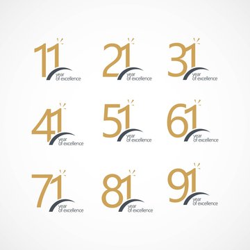 Year of Excellence Set 11 21 31 41 51 61 71 81 91 Vector Template Design Illustration