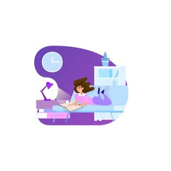 Reading books flat style illustration, person reading a book on interior background, concept for application.