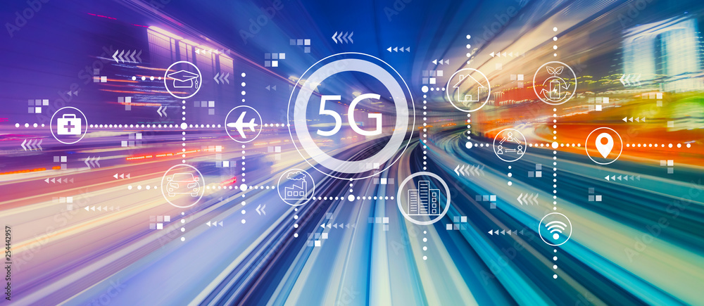 Sticker 5g network with abstract high speed technology pov motion blur