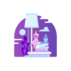 Reading books flat style illustration, person reading a book on interior background, concept for application.