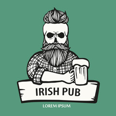 Hand-drawn skull hipster dude with mustache, beard with beer. Man with glass of alcohol. Vector logo. Sticker, logo, Emblem
