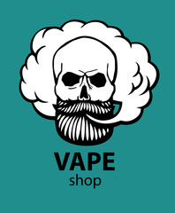 Hand-drawn hipster skull with mustache and beard. Man with vape and cloud. Electronic Cigarette. Vector.