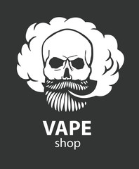Hand-drawn hipster skull with mustache and beard. Man with vape and cloud. Electronic Cigarette. Vector.