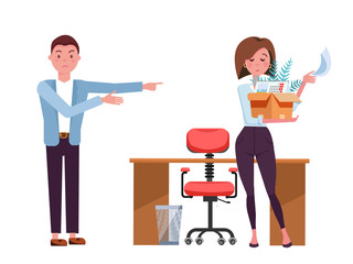 Man dismisses woman.Sad office girl employee leaves with box of her things. Job reduction concept.She picks up her belongings, leaves the workplace.Vector flat cartoon illustration on white background