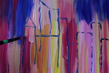 Abstract drawing painted with gouache. City and skyscrapers.