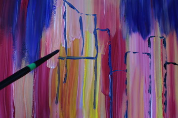 Abstract drawing painted with gouache. City and skyscrapers.