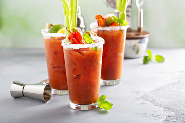Bloody mary cocktails with garnishes for brunch