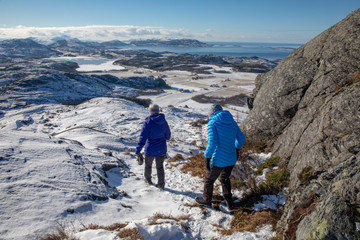 Spring and sun on mountain hiking in snow covered North Norwegian mountains