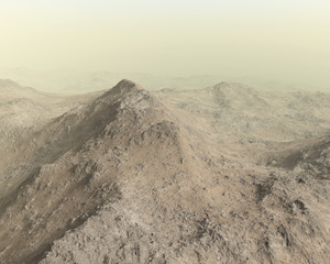 Rocky mountain landscape in fog.