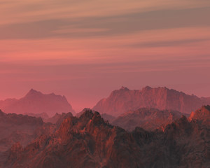 Rough mountain peaks at sunset.