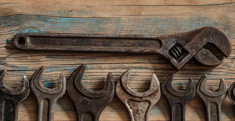 Collection of vintage carpentry tools on an old workbench: woodworking, craftsmanship and handwork...