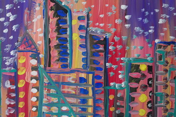 Abstract drawing painted with gouache. City and skyscrapers.