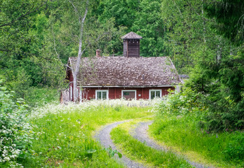 Fototapeta na wymiar Old and abandoned cottage with lush green plants at summer day in Finland