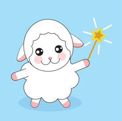 Cute cartoon sheep with magic wand on blue