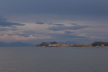 Panorama of the city of Corfu with the harbor on a rainy day